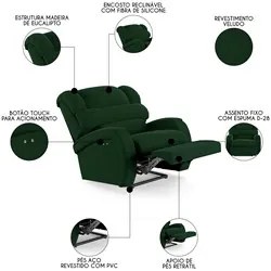 Poltrona do Papai Reclinável Kalie Power Touch FH9 Veludo Verde - Mpoz