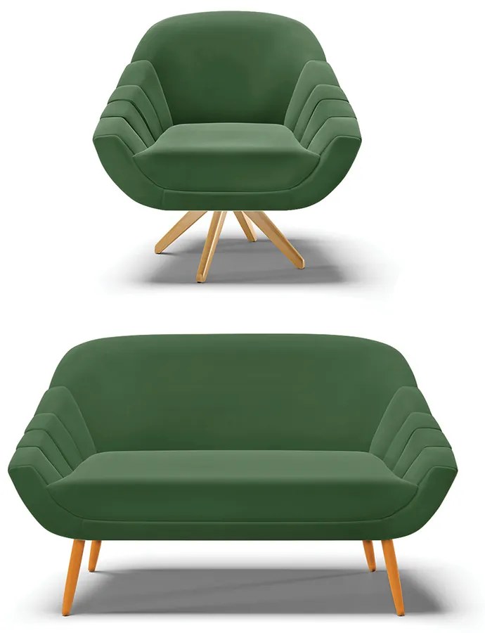 Kit 01 Namoradeira 02 Lugares e 01 Poltrona Giratória Giovana Suede Verde Base Madeira MA30 - D'Rossi