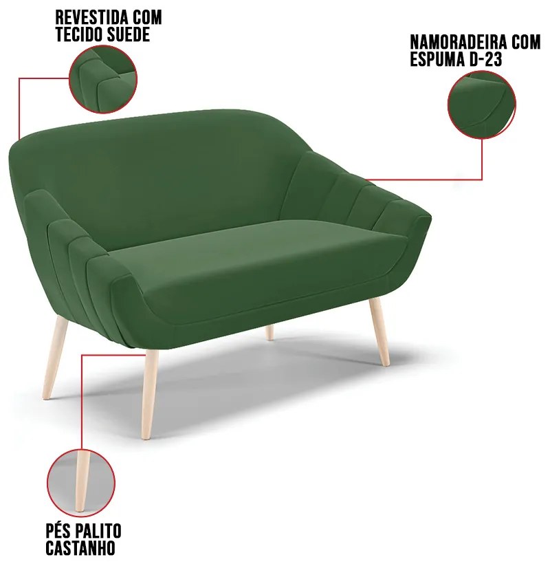 Kit 01 Namoradeira 02 Lugares e 01 Poltrona Giovana Suede Pés Palito Natural D01 - D'Rossi - Verde