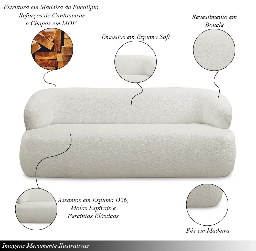 Sofá Decorativo 2 Lugares Charlote 180cm Sala de Estar Pés em Madeira Bouclê Off White G88 - Gran Belo