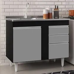 Balcão Gabinete Com Pia Inox 100cm 2 Portas 2 Gavetas Luziania Preto/C