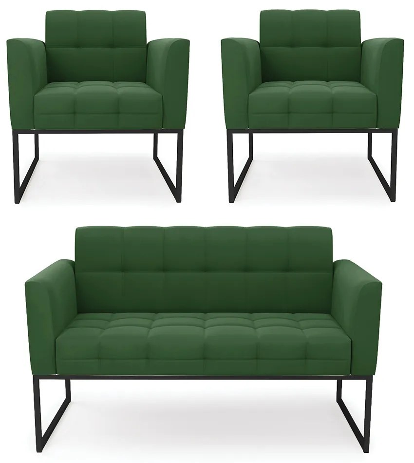 Kit 1 Sofá Namoradeira e 2 Poltronas Elisa Suede Base Metálica Industrial Preto D03 - D'Rossi - Verde