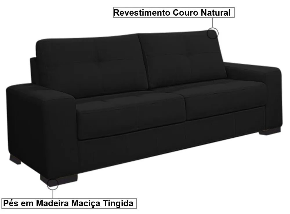 Sofá 3 Lugares 200cm Turim Couro Preto Fosco G58 - Gran Belo