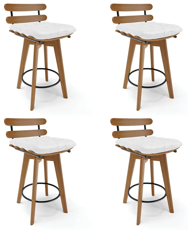Kit 04 Banquetas Giratória Costela Corino Branco Base Madeira MA70 - D'Rossi