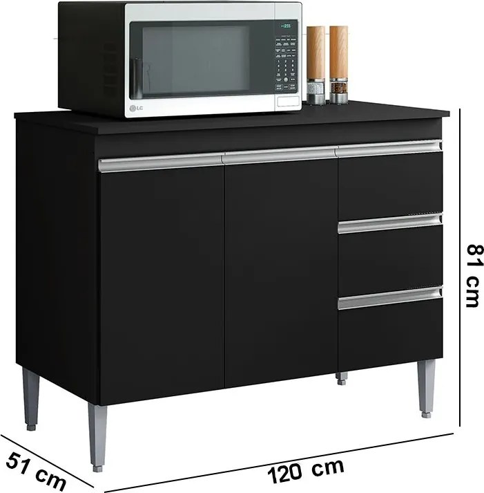 Balcão Cozinha com Tampo 120cm 3 Gavetas Leticia A01 - D'Rossi - Preto
