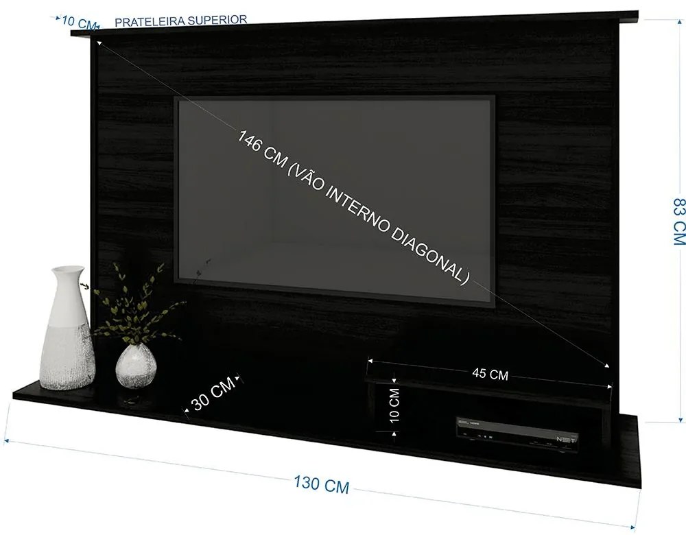 Painel Para TV Até 47" 1 Nicho 2 Prateleiras Premium Preto