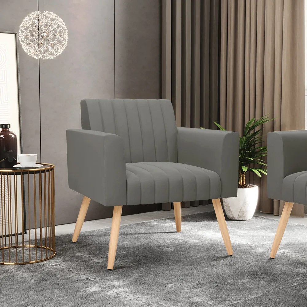 Poltrona Viena Gomada Suede Grafite Pés Palito Natural - D'Rossi
