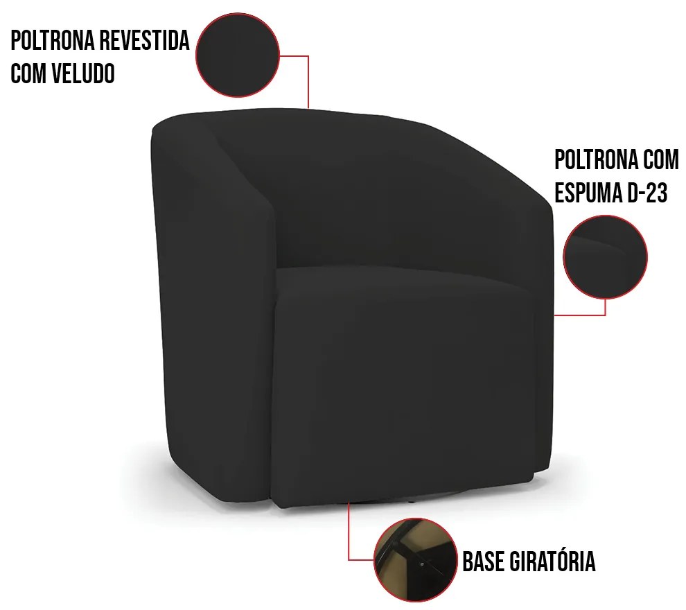 Poltrona Decorativa Base Giratória Kit 2 Stella Max Veludo D03 - D'Rossi - Preto