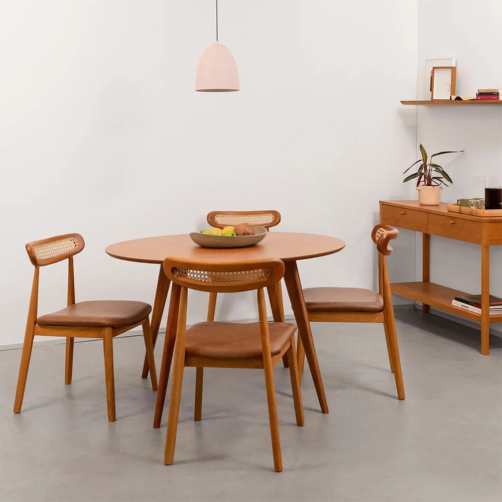 Conjunto Mesa Jantar Square Laminada Redonda Natural - 1,08m + 4 Cadeiras Dalí Encosto Palha Larga - Cognac