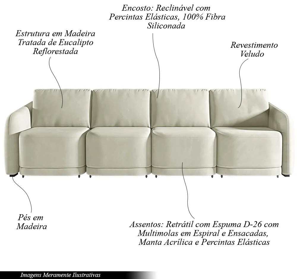 Sofá Cama Modulado Retrátil e Reclinável Decorativo Varsóvia 316cm Veludo Bege G33 - Gran Belo