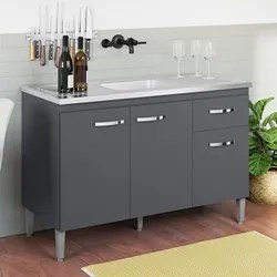 Balcão Gabinete Com Pia Inox 120cm 3 Portas e 1 Gaveta Gabriela Cinza