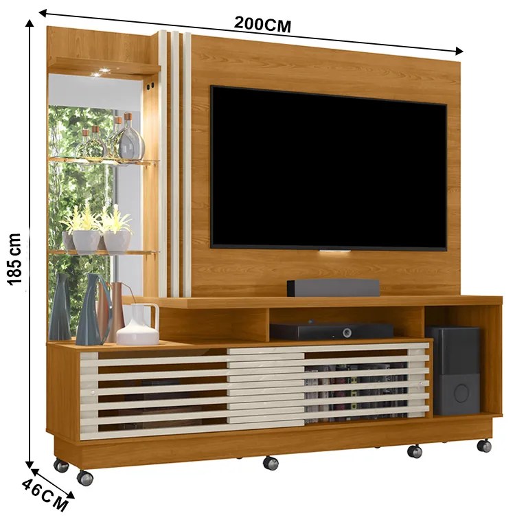 Estante de TV 60 Pol 200cm com Rodízio Sala de Estar Lumari M20 - D'Rossi - Cinamomo e Off White