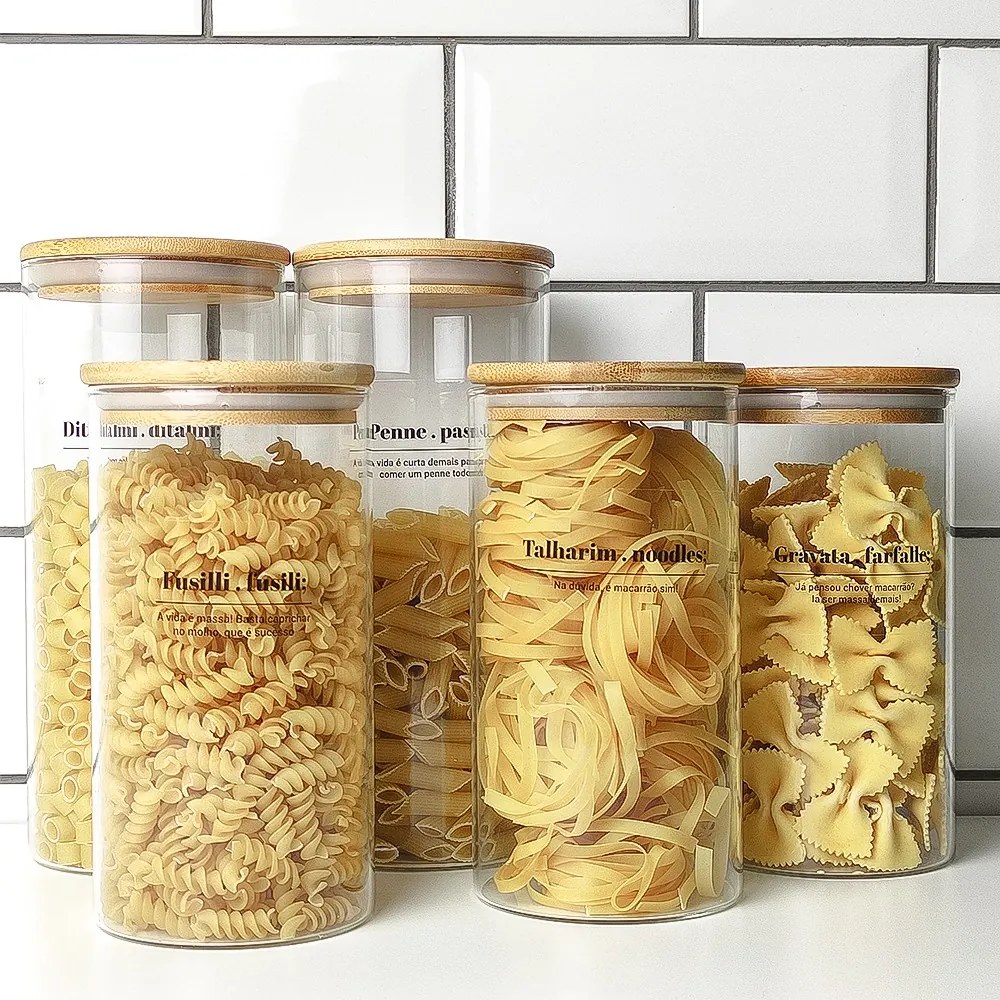 Pote de Vidro com Tampa de Bambu Redondo Longo - 1,7L