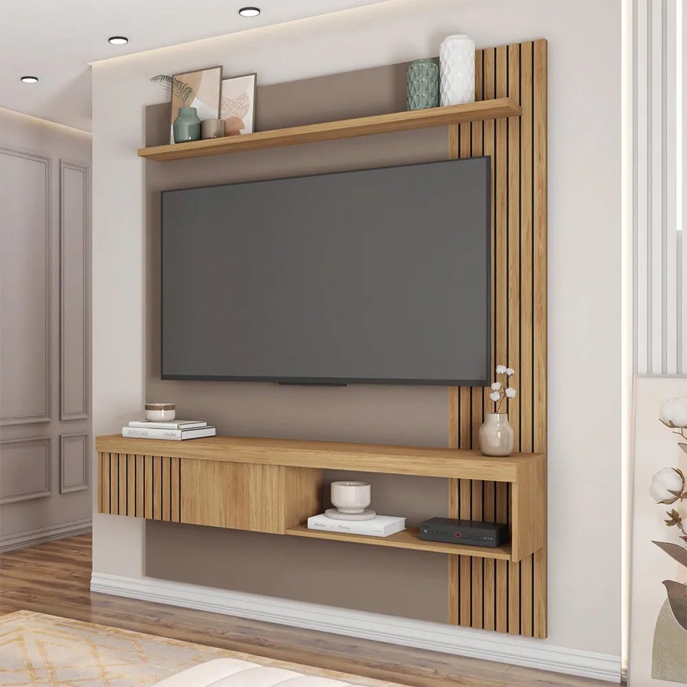 Painel Selina Ripado 150cm para TV até 55 com Porta de Correr e Prateleira MDP Buriti/Fendi G11 - Gran Belo