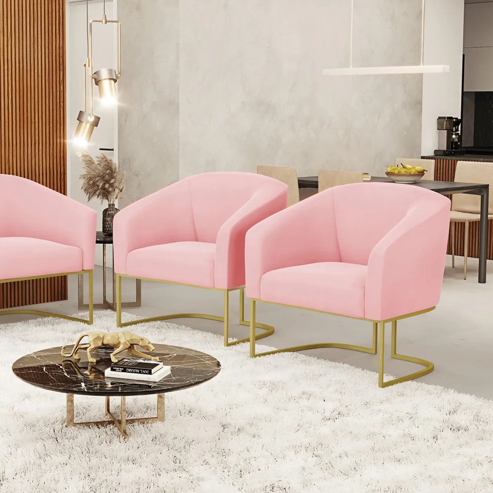 Cadeira Sala de Jantar Base Industrial Dourado Kit 2 Stella Suede D03 - D'Rossi - Rosa Bebê
