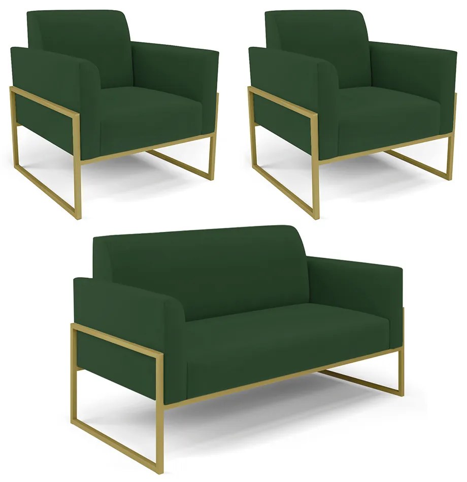 Sofá Namoradeira com 2 Poltronas Base Industrial Alta Dourado Marisa Veludo D03 - D'Rossi - Verde