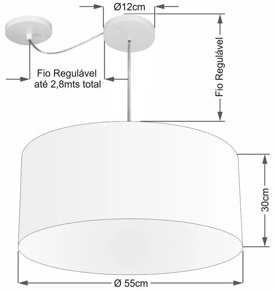 Lustre Pendente Cilíndrico Com Desvio Md-4253 Cúpula em Tecido 55x30cm Branco - Bivolt