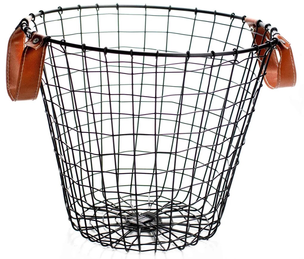 Cesto de Metal Preto com Alça em Couro 27x31 cm - D'Rossi