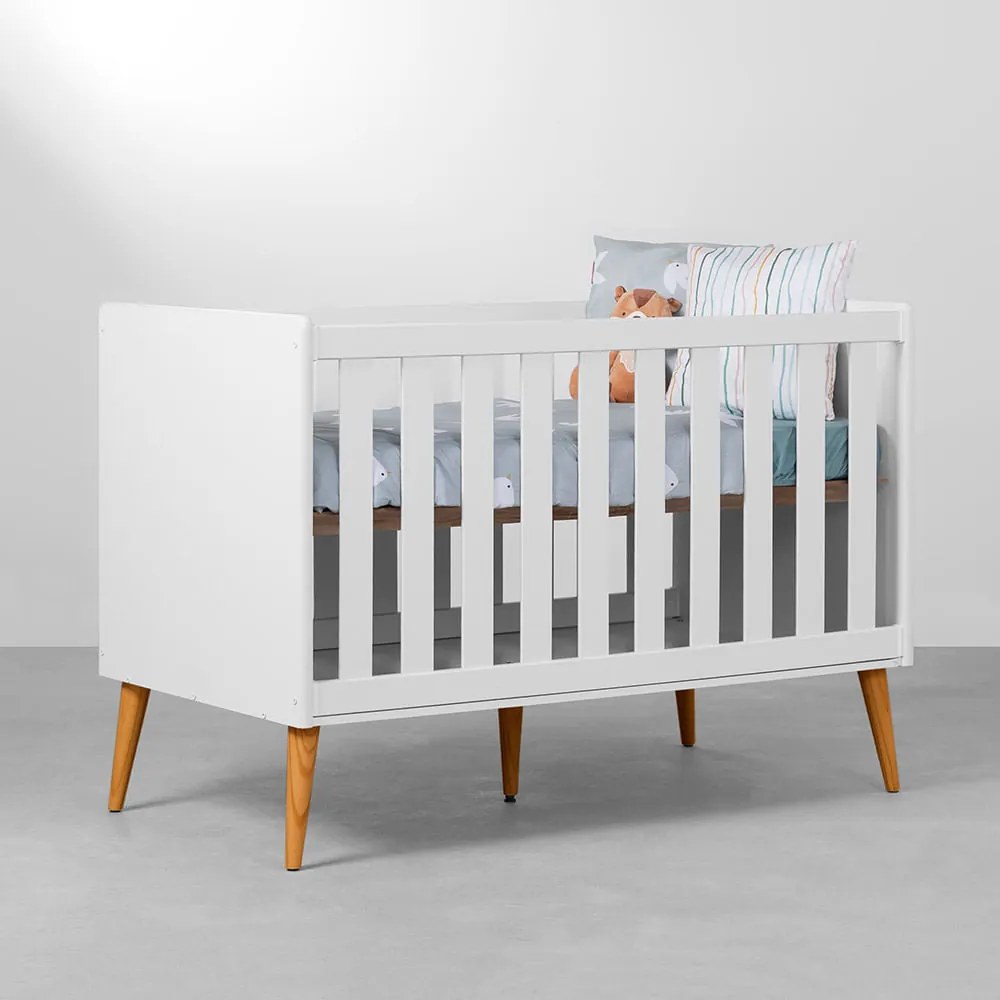 Berço Mini Cama Theo com Pés Retrô Mel - Branco Fosco