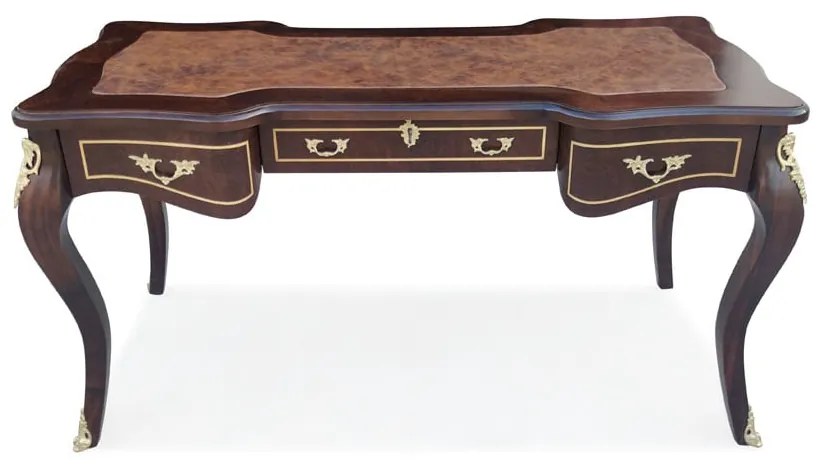 Escrivaninha Papeleira Bengui Pés Luís XV 3 Gavetas Tampo com Couro Natural Estrutura Madeira Maciça Detalhe em Marchetaria Apliques em Metal