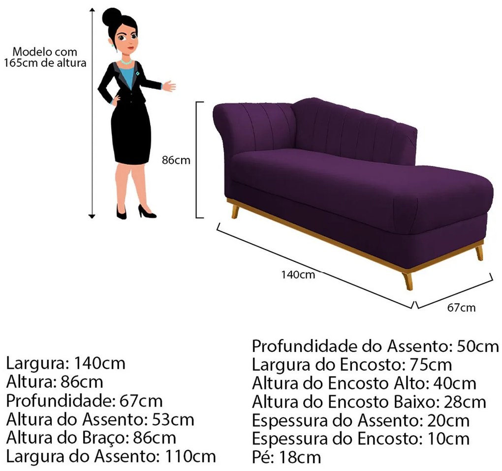 Recamier Vanessa 140cm Lado Esquerdo Suede Roxo - ADJ Decor