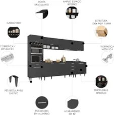 Armário de Cozinha Com Tampo CP05 320cm Pérola Preto Z34      - Mpozen