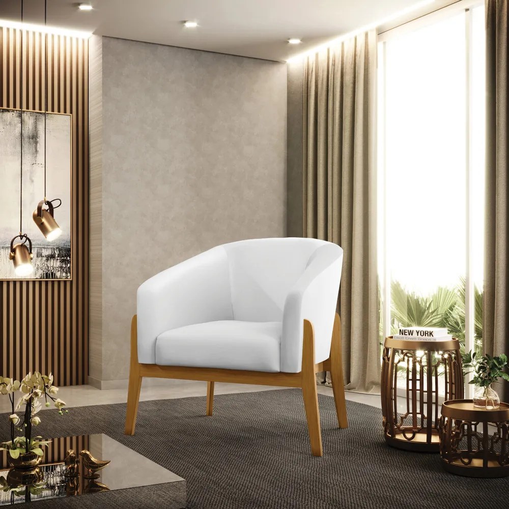 Poltrona Decorativa Base de Madeira Stella Sintético Branco D03 - D'Rossi