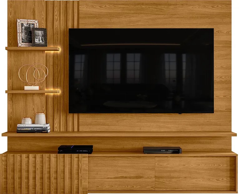 Painel TV 65 Pol 200cm Bancada Suspensa Ripado Mirellin Cumaru M20 - D'Rossi