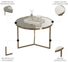 Mesa de Centro Redonda Alta Pé Metal Thor Espelho/Dourado E05 - Mpozen