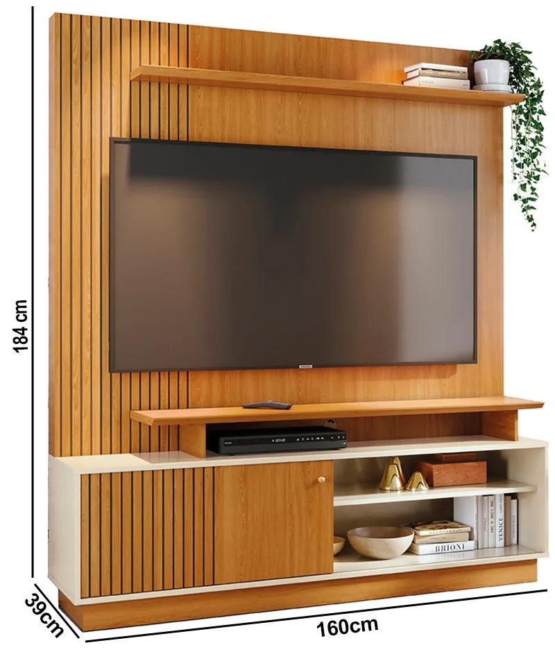 Estante de TV 65 Pol 160cm Sala de Estar Quirel M20 - D'Rossi - Cinamomo e Off White