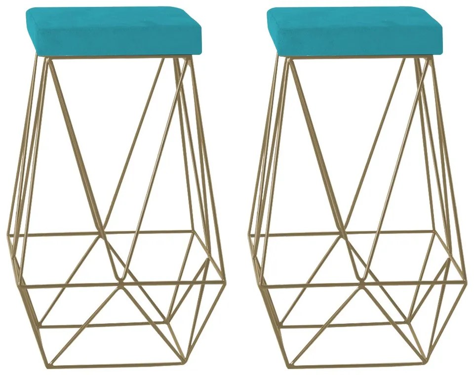 Kit 2 Banqueta Decorativa Kathy Base Gold Suede Azul Claro G41 - Gran Belo