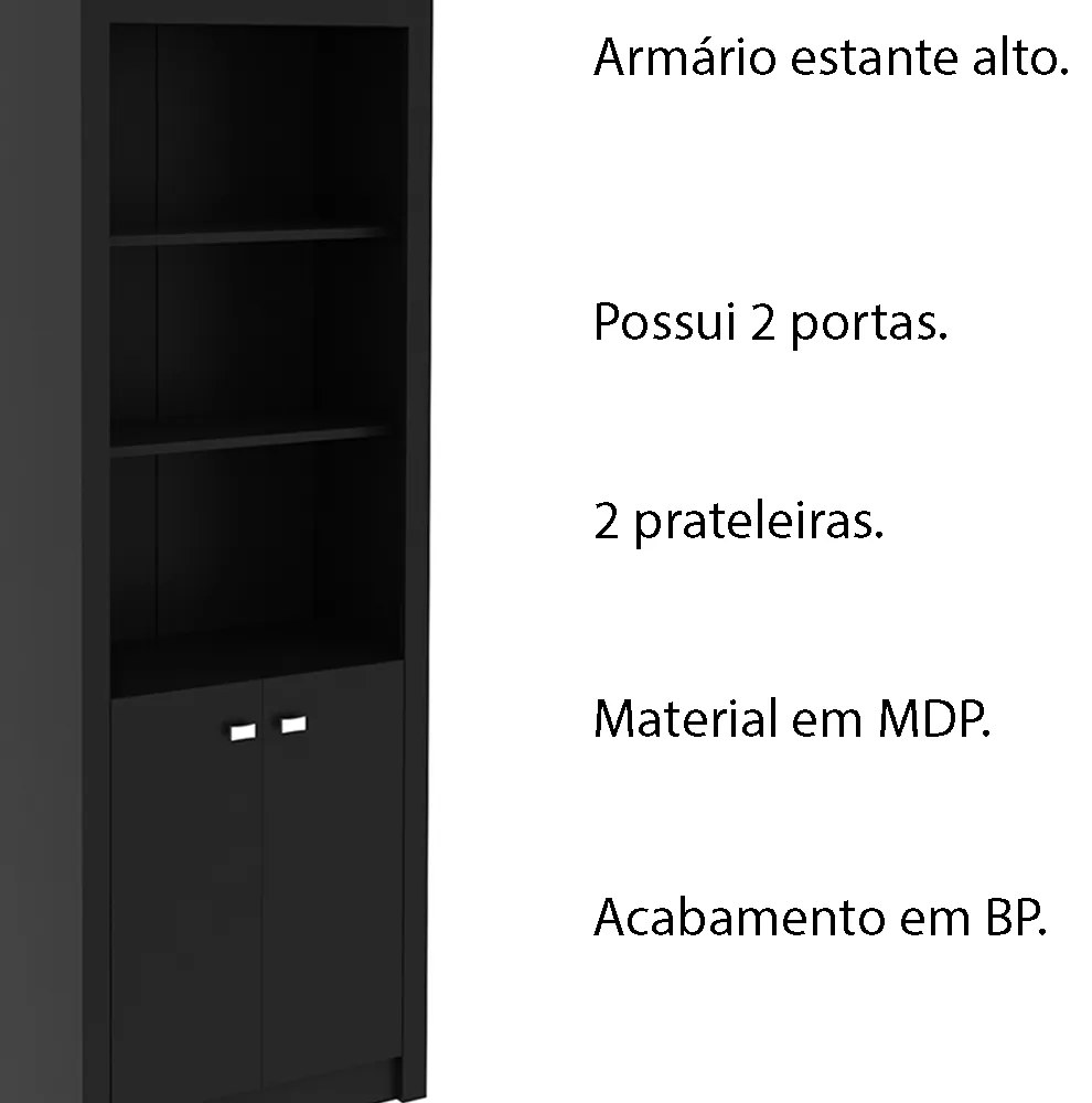 Armário Estante Alto para Escritório Home Office ME4110 MDP Preto G69 - Gran Belo