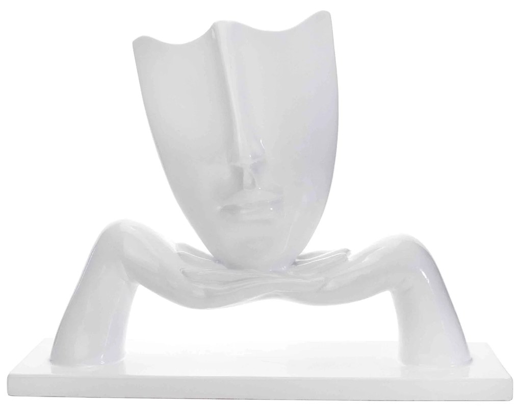 Escultura Decorativa Máscara Com Base Descanso Em Cerâmica Branco 23x30 Cm - D'Rossi