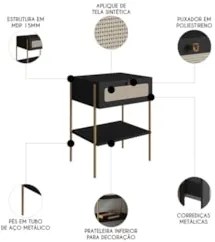 Mesa de Cabeceira Com 1 Gaveta Pé Metal Arlo A10 Nero/Dourado - Mpozen