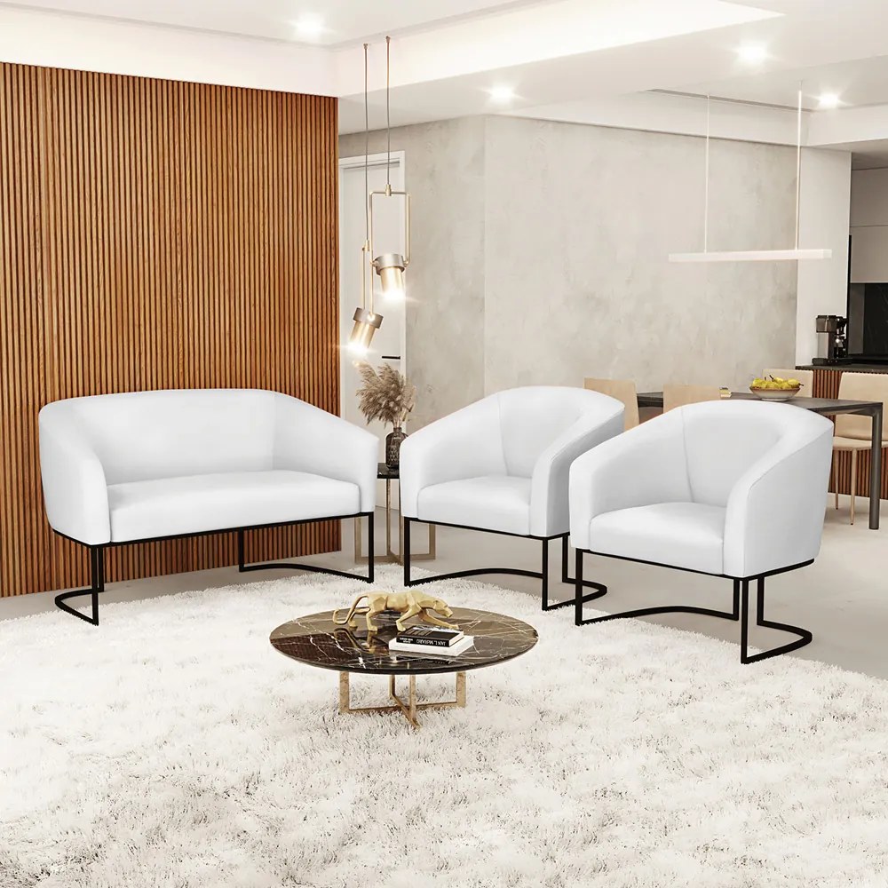 Namoradeira e 2 Poltronas Industrial Preto Stella Sintético D03 - D'Rossi  - Branco