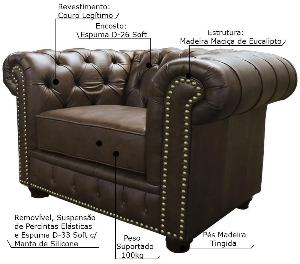 Poltrona Sala de Estar Chesterfield com Pés Madeira Couro Marrom G40 - Gran Belo