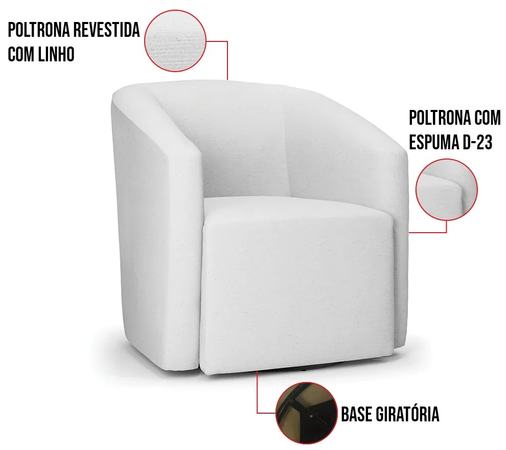 Poltrona Decorativa Base Giratória Kit 2 Stella Max Linho D03 - D'Rossi - A05 Cinza
