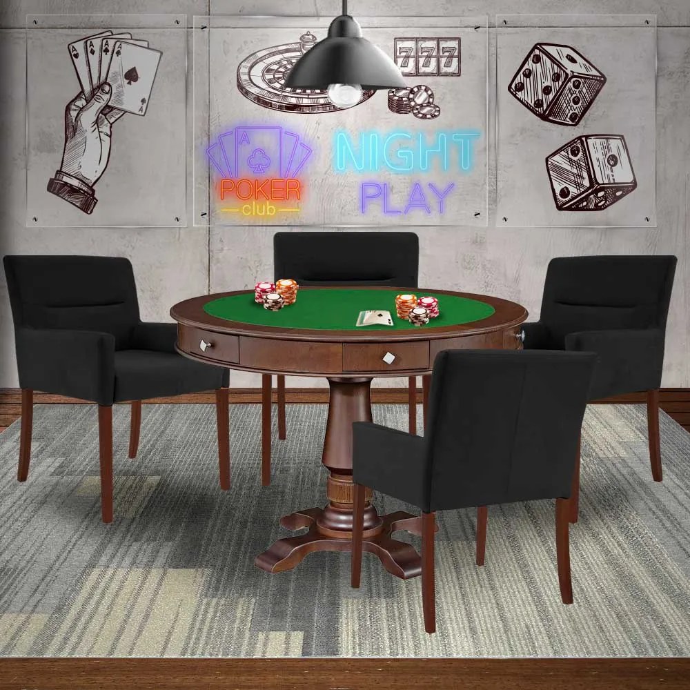 Mesa de Jogos Carteado Victoria Redonda Tampo Reversível Imbuia com Kit 4 Cadeiras Vicenza Preto Fosco G36 G15 - Gran Belo