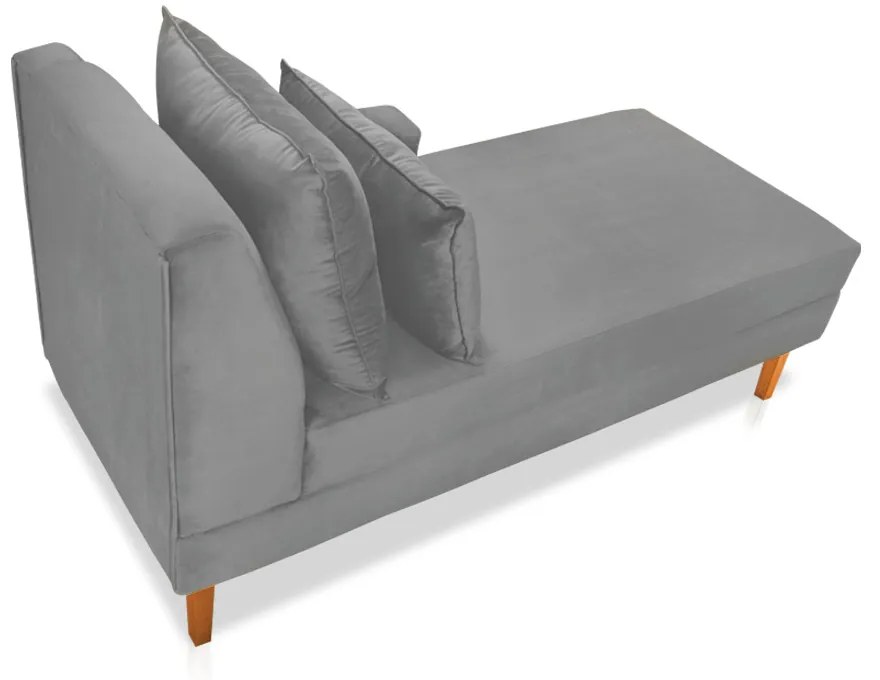 Divã Chaise Chloe 160 cm Veludo Cinza Pés Chanfrado Castanho - D'Rossi