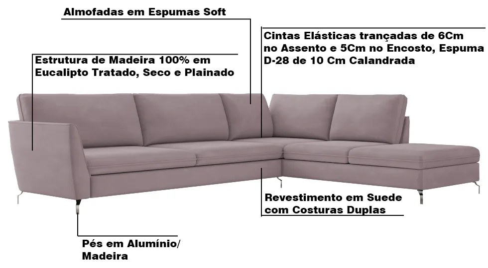 Sofá de Canto Chaise Direito 307 cm Olívia Suede Rosê G52 - Gran Belo