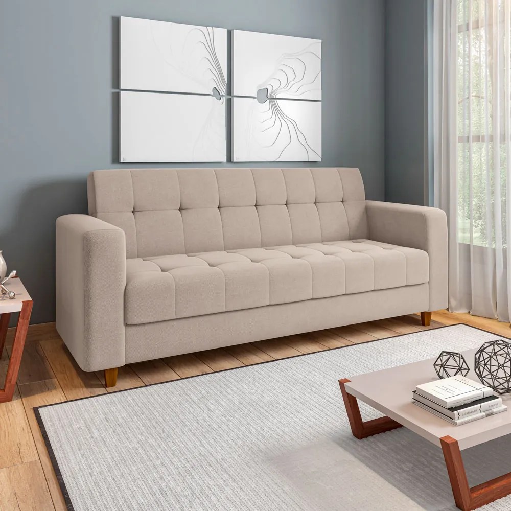 Sofá 2 Lugares e 2 Poltronas Pé Madeira Castanho Arezo Linho D01 - D'Rossi - A27 Areia