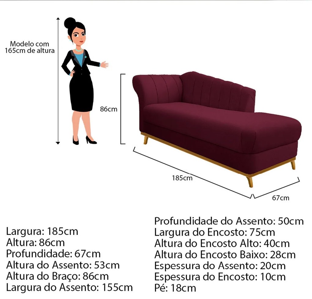 Recamier Vanessa 185cm Lado Esquerdo Suede Bordô - ADJ Decor