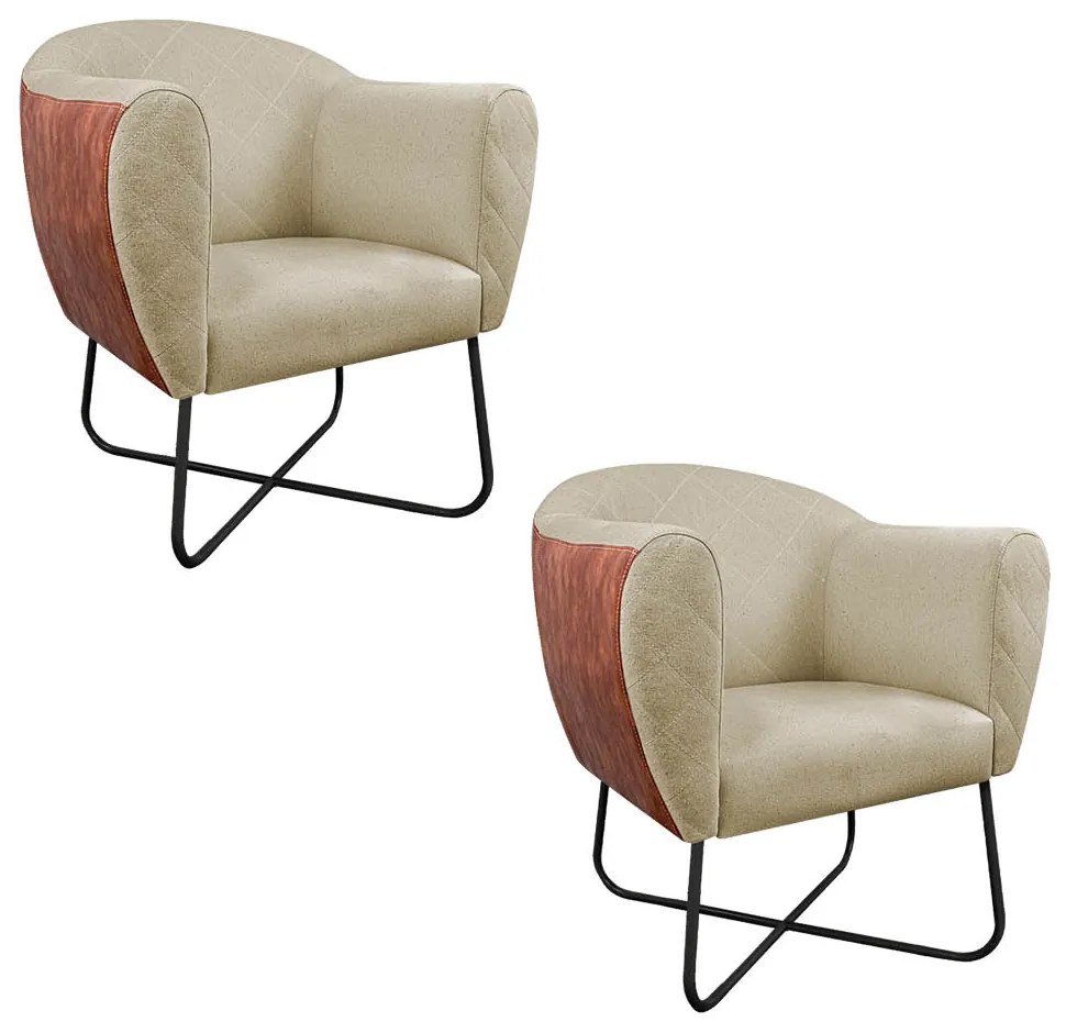 Kit 02 Poltronas Grazi Base X Preta Sintético Nozes Linho - ADJ Decor
