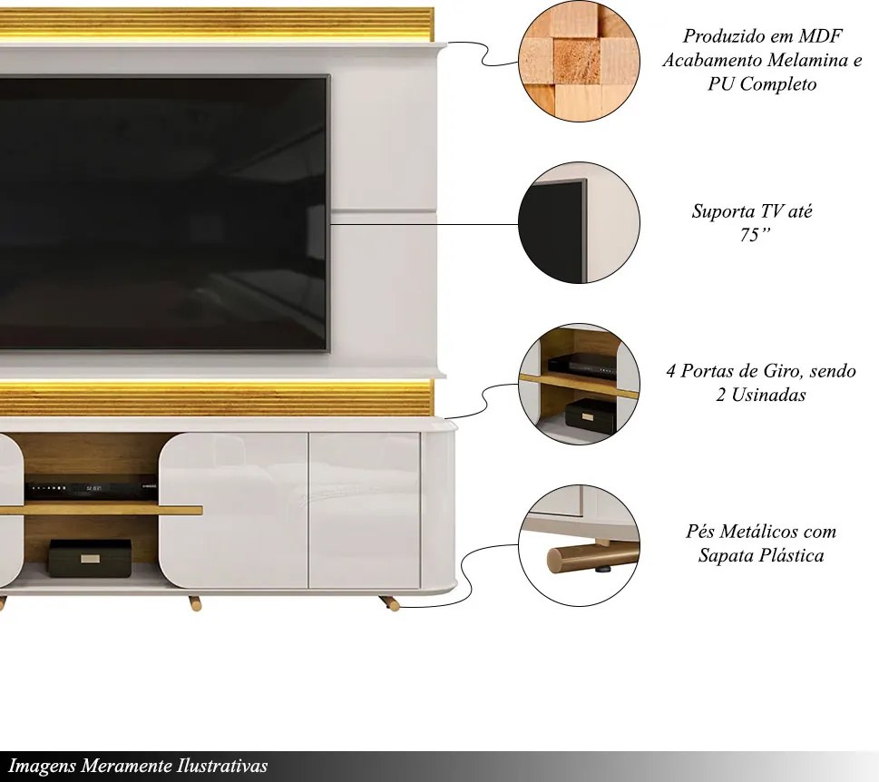 Home Estante TV 75" Ahri Ripado Canelado 4 Portas com Amortecimento Bali/Cedro G18 - Gran Belo