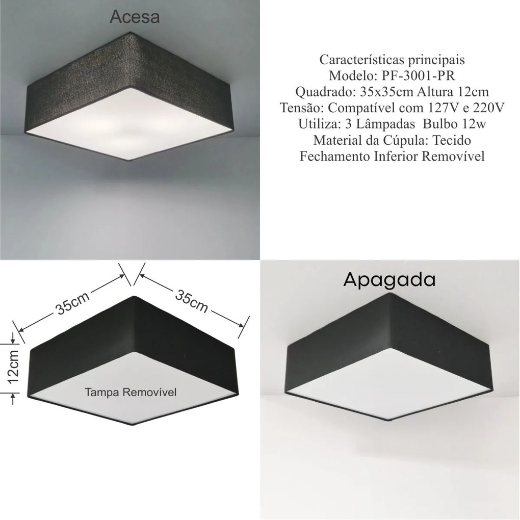 Plafon Quadrado Md-3001 Cúpula em Tecido 35x35x12cm Preto - Bivolt