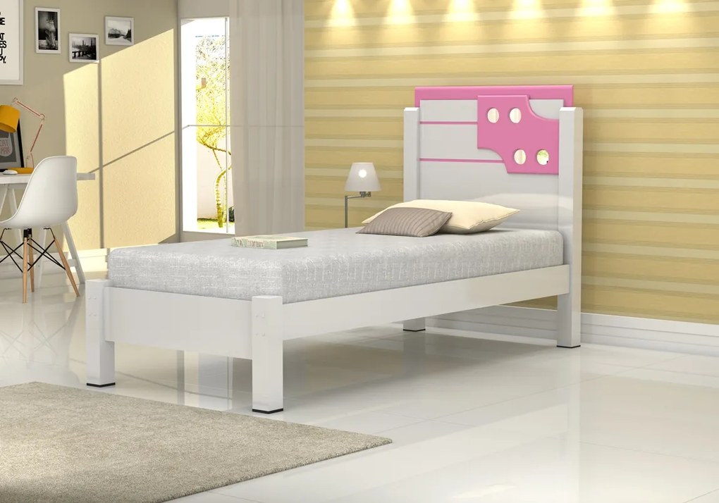 Cama Luiza Solteiro Branco/Rosa – Vitamov