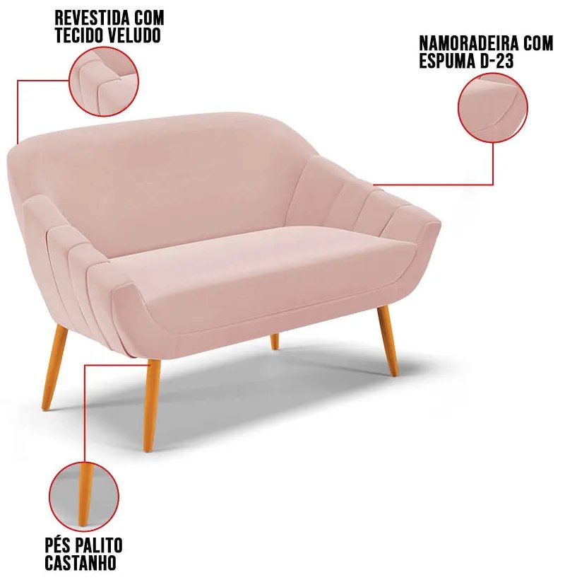 Kit 01 Namoradeira 02 Lugares e 01 Poltrona Giratória Giovana Veludo Base Madeira MA30 D03 - D'Rossi - Rose