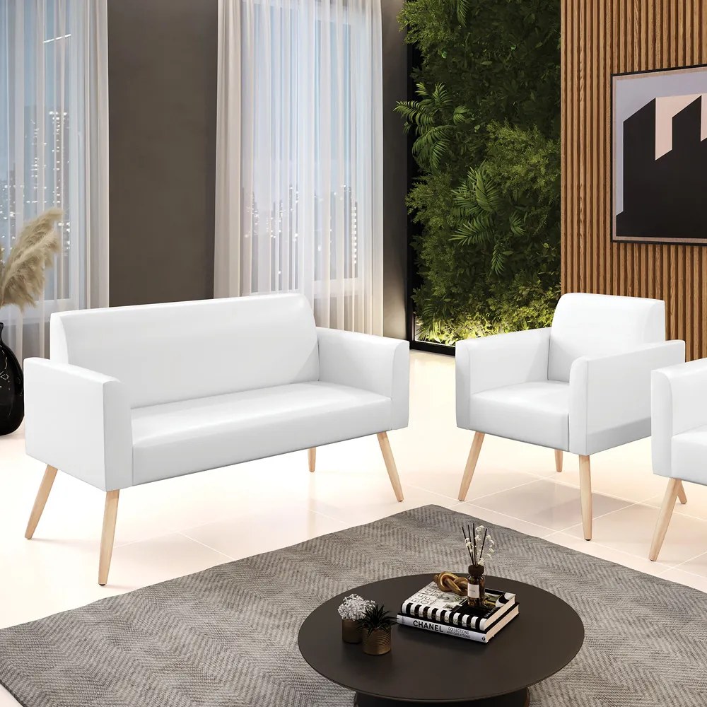Sofá Namoradeira com Poltrona Pés Palito Natural Marisa Corano D03 - D'Rossi - Branco