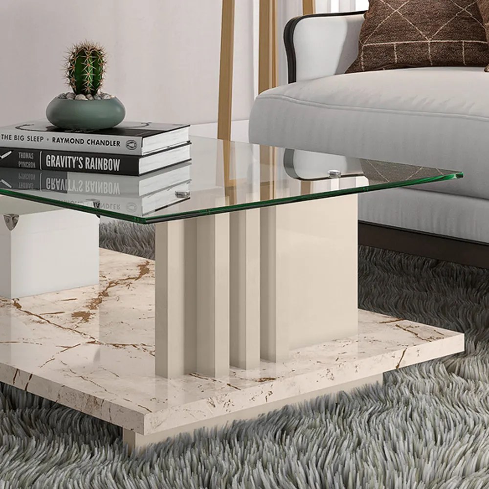 Mesa de Centro Para Sala Ripado Tampo de Vidro Mirezi M20 - D'Rossi - Calacata e Off White