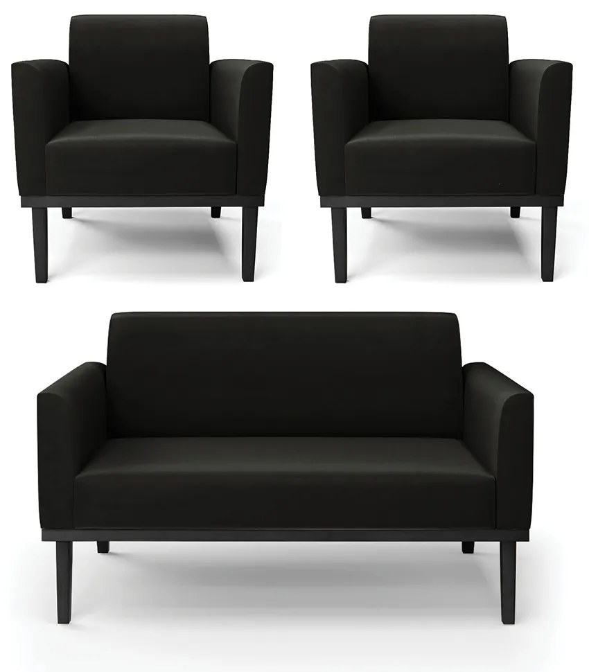 Conjunto 2 Poltronas e 1 Namoradeira Decorativa Isabella Pés Fixo em Madeira Preto Suede Preto G19 - Gran Belo
